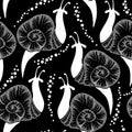 Seamless pattern with dotted white snails and drops