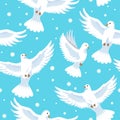 Seamless pattern doves in blue sky