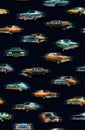 Seamless pattern of draft classic 50s cars in blue dark background. Generative AI. Pattern mirrored repeat for duplicates Royalty Free Stock Photo