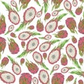 Seamless pattern Dragon Fruit. Pitahaya. Hand painted watercolor. Handmade fresh food design elements isolated Royalty Free Stock Photo