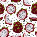 Seamless pattern with dragon fruits on the background of pitaya. Hand-drawn vector illustration in flat style for a summer Royalty Free Stock Photo
