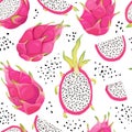 Seamless pattern with dragon fruits, pitaya background. Hand drawn vector illustration in watercolor style for summer cover