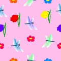Seamless pattern dragonflies and flowers. Royalty Free Stock Photo
