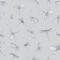 Seamless pattern with dragonflies hand drawn with contour lines on grey background. Backdrop with beautiful flying Royalty Free Stock Photo