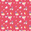Seamless pattern dragonfly flower Pink background wild flowers poster banner cover Spring summer Fabric clothes wrapping