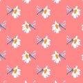 Seamless pattern dragonfly flower Spring summer Pink background wild flowers poster banner postcard cover Fabric clothes