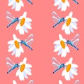 Seamless pattern dragonfly flower Spring summer Vertical pink background wild flowers poster banner postcard cover