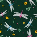 Seamless pattern dragonfly and flowers on a green background. Flat vector illustration with insects Royalty Free Stock Photo