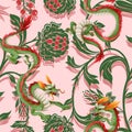 Seamless pattern with dragons and flowers. Oriental trendy print