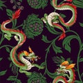 Seamless pattern with dragons and flowers. Oriental trendy print