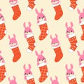 Seamless pattern with Draw character cute rabbits sleep in Christmas sock