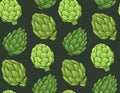 Seamless pattern with drawing artichokes. Vector texture with useful healthy vegetables on a dark background
