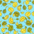 Seamless pattern drawing spring summer autumn leaves on a blue background Royalty Free Stock Photo