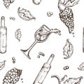 Seamless pattern drawing on a white background bottle and wineglass wine with spills. The vine berries Royalty Free Stock Photo