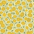 Seamless pattern of drawings of dandelion flowers.