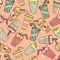 Seamless pattern, drawn assorted cocktails with straws, milk with fruits and coffee. Design for the food industry.