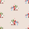 Seamless pattern of drawn cartoon cheerful Santa Claus with christmas tree, snow maiden and snowman Royalty Free Stock Photo