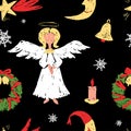 Seamless pattern of drawn cartoon christmas symbols, angel, star, bell,wreath and candle