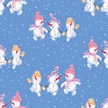 Seamless pattern of drawn cheerful running snowmen in december