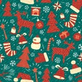 Seamless pattern. Drawn Christmas Attributes Red on Green