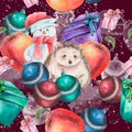 Seamless pattern drawn Christmas scene of a snowman in a red hat and scarf next to a hedgehog.