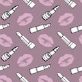 Seamless pattern, drawn contour cosmetics lipsticks and lip prints. Makeup background, textile vector Royalty Free Stock Photo