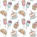 Seamless pattern, drawn contour cupcakes, coffee and ice cream on a stick with colored spots. Print, cafe decor