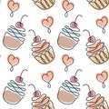 Seamless pattern, drawn contour cupcakes and hearts with colored spots. Print, line art, cafe decor