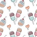 Seamless pattern, drawn contour cupcakes, ice cream and hearts with colored spots. Print, line art, textile, cafe decor