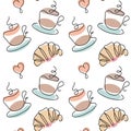 Seamless pattern, drawn contour cups of coffee, croissants and hearts with colored spots. Print, line art, cafe decor