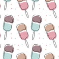 Seamless pattern drawn contour ice cream on a stick with colored spots. Print, textile, cafe decor