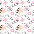 Seamless pattern, drawn contour lipsticks and lip prints on a white background with pastel brush strokes. Royalty Free Stock Photo