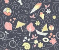 Seamless pattern of drawn contours of leaves, flowers, curls. ba