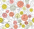 Seamless pattern of drawn contours of leaves, flowers, curls. ba