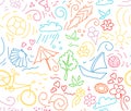 Seamless pattern of drawn contours of leaves, flowers, curls. ba