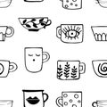 Seamless pattern with drawn cups of tea and coffee. Winter drinks.