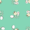 Seamless pattern of drawn cute cartoon Newborn Easter chick