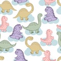 seamless pattern, drawn cute dinosaurs in pastel shades, dinosaur family, for children Royalty Free Stock Photo