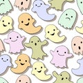 Seamless pattern drawn cute ghosts in pastel colors on a white background. Doodles, stickers, decor for children\'s textiles