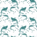 Seamless pattern drawn elegant pale turquoise fish and bubbles. Print, textile, wallpaper, decor for pastel linen