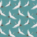 Seamless pattern, drawn elegant white storks on a blue background. Textile, wallpaper, print