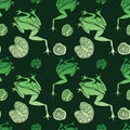 Seamless pattern of drawn green frogs and leaves