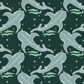 Seamless pattern, drawn killer whale and bubbles on a turquoise background. Marine animals for children\'s textiles, prints Royalty Free Stock Photo