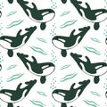 Seamless pattern, drawn killer whale and bubbles on a white background. Marine animals for children\'s textiles, prints Royalty Free Stock Photo