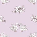 Seamless pattern of drawn koalas bouquet and couple white swans Royalty Free Stock Photo