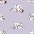 Seamless pattern of drawn koalas bouquet and white pigeons sitting on hands of loving people couple Royalty Free Stock Photo