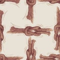 Seamless pattern of drawn rigging rope tied in sea knot