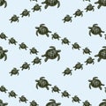 Seamless pattern of drawn sea turtles swimming in water