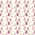 Seamless pattern with drawn strawberries, cake, jam jar, berry muffin, hearts. Brown and beige print for textiles, menus, stickers