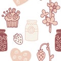 Seamless pattern with drawn strawberries, jam jar, berry muffin, strawberry branch Royalty Free Stock Photo